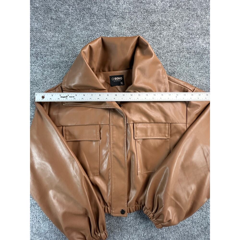 Cisono Women's XL Brown Faux Leather Cropped Jacket Balloon Sleeve Vegan Leather - Picture 5 of 9
